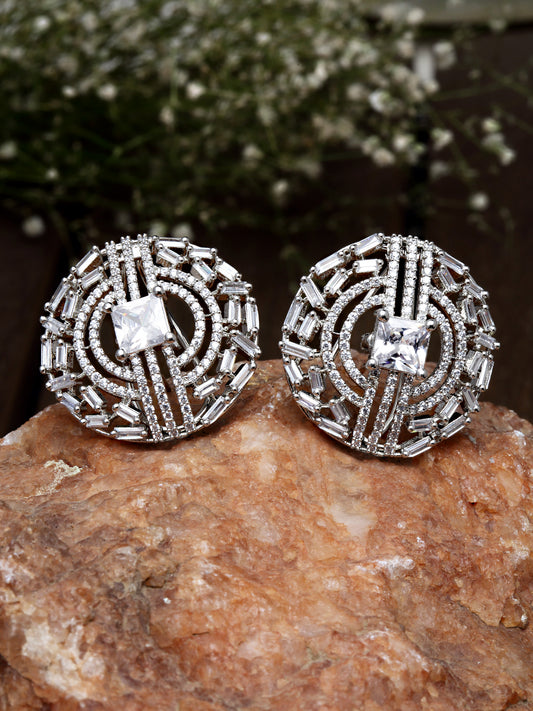 Karatcart Silver Tone American Diamond Stud Earrings for Women