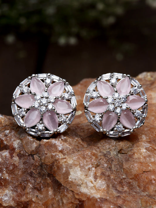Karatcart Silver Tone Pink American Diamond Stud Earrings for Women