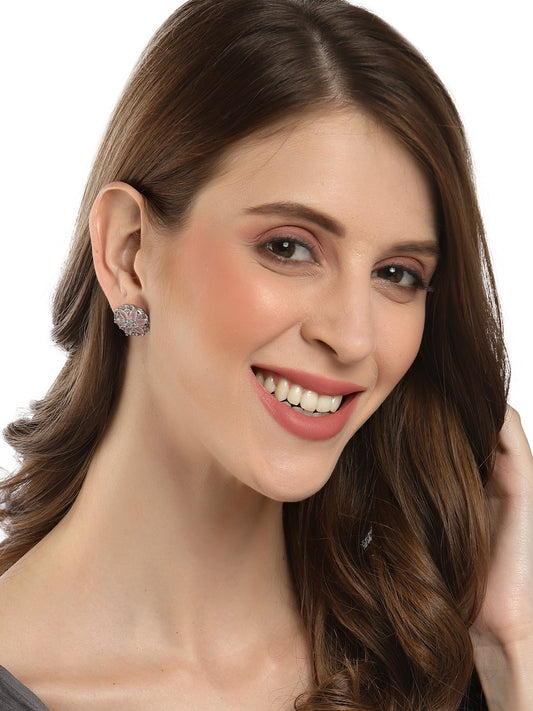 Karatcart Silver Tone Pink American Diamond Stud Earrings for Women