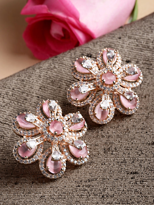 Karatcart Pink Cubic Zirconia Studded Rose Gold Plated Stud Earrings for Women
