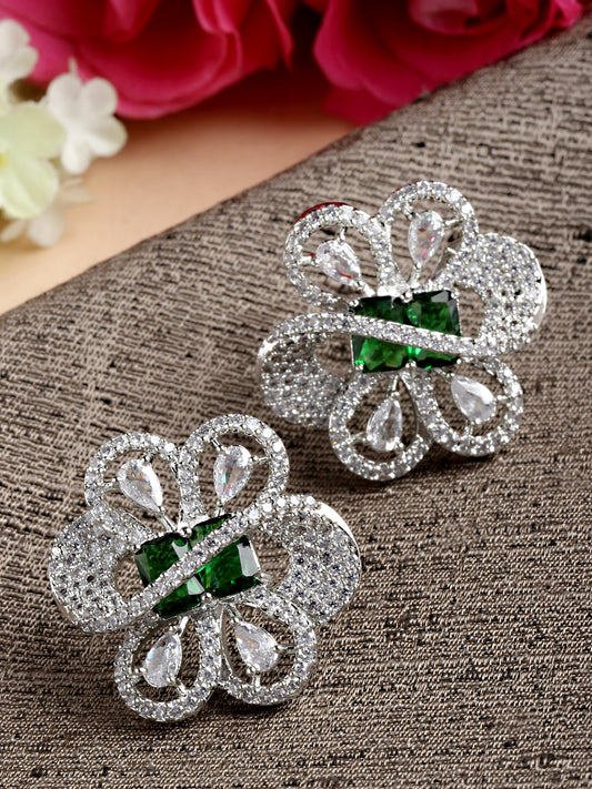 Karatcart Green Cubic Zirconia Studded Silver Tone Stud Earrings for Women