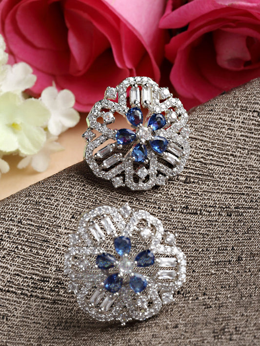 Karatcart Silver Tone American Diamond Studded Blue Stud Earrings for Women