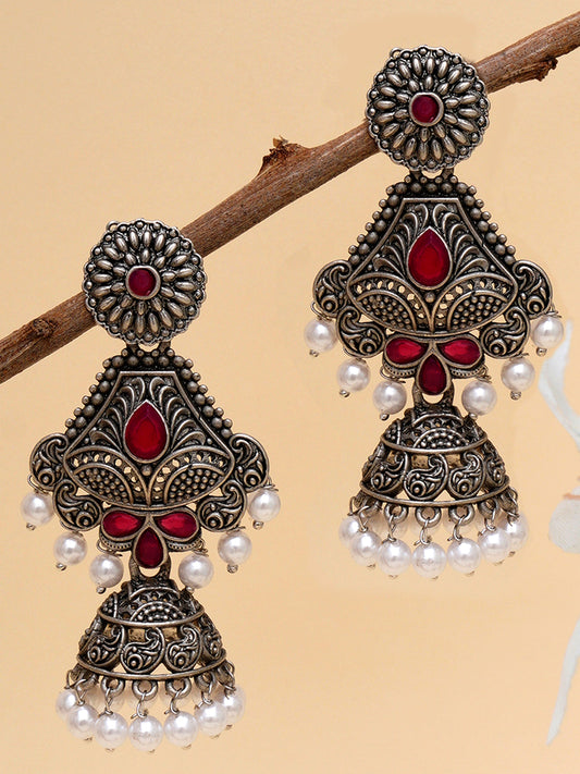 Karatcart Oxidised Silver Handcrafted Red Dangler Jhumki Earrings for Women