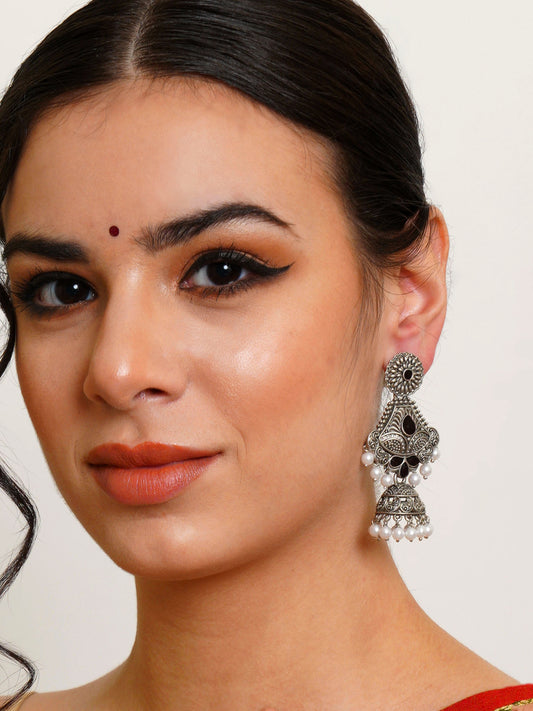 Karatcart Oxidised Silver Handcrafted Black Dangler Jhumki Earrings for Women