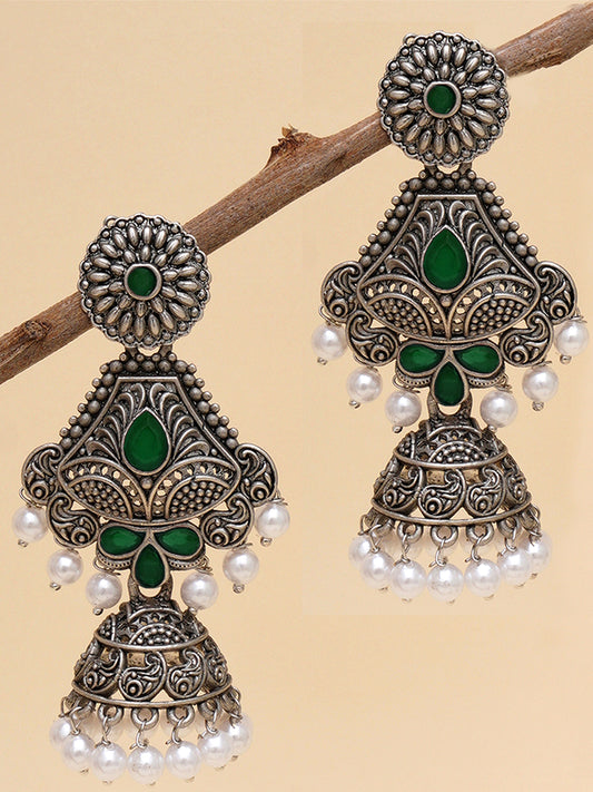 Karatcart Oxidised Silver Handcrafted Green Dangler Jhumki Earrings for Women