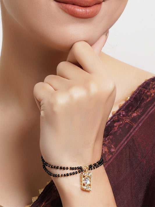 Women Black Gold Plated Kundan Charm Mangalsutra Bracelet