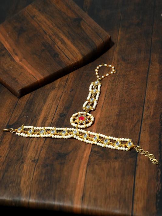 Gold-Plated Pearl Beads Kundan Chain Hathphool with Red Stone