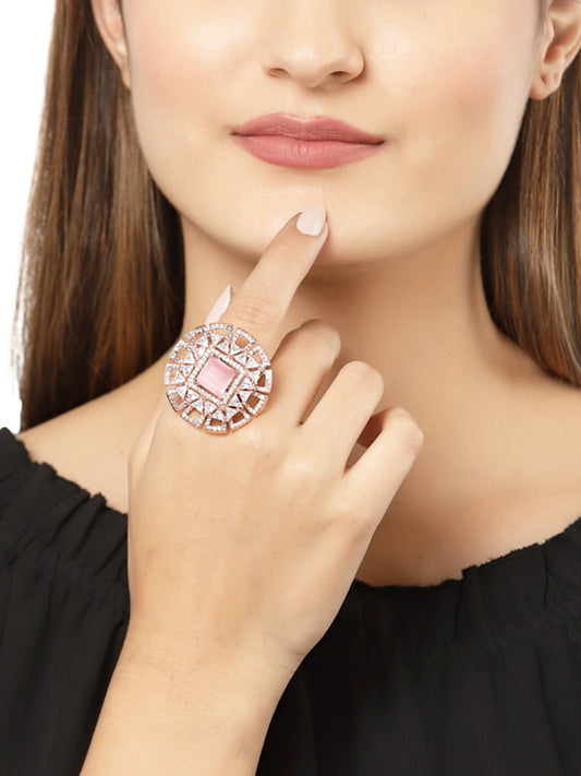 Kratacart Rose Gold Plated American Diamond Floral Shape Rings for Women