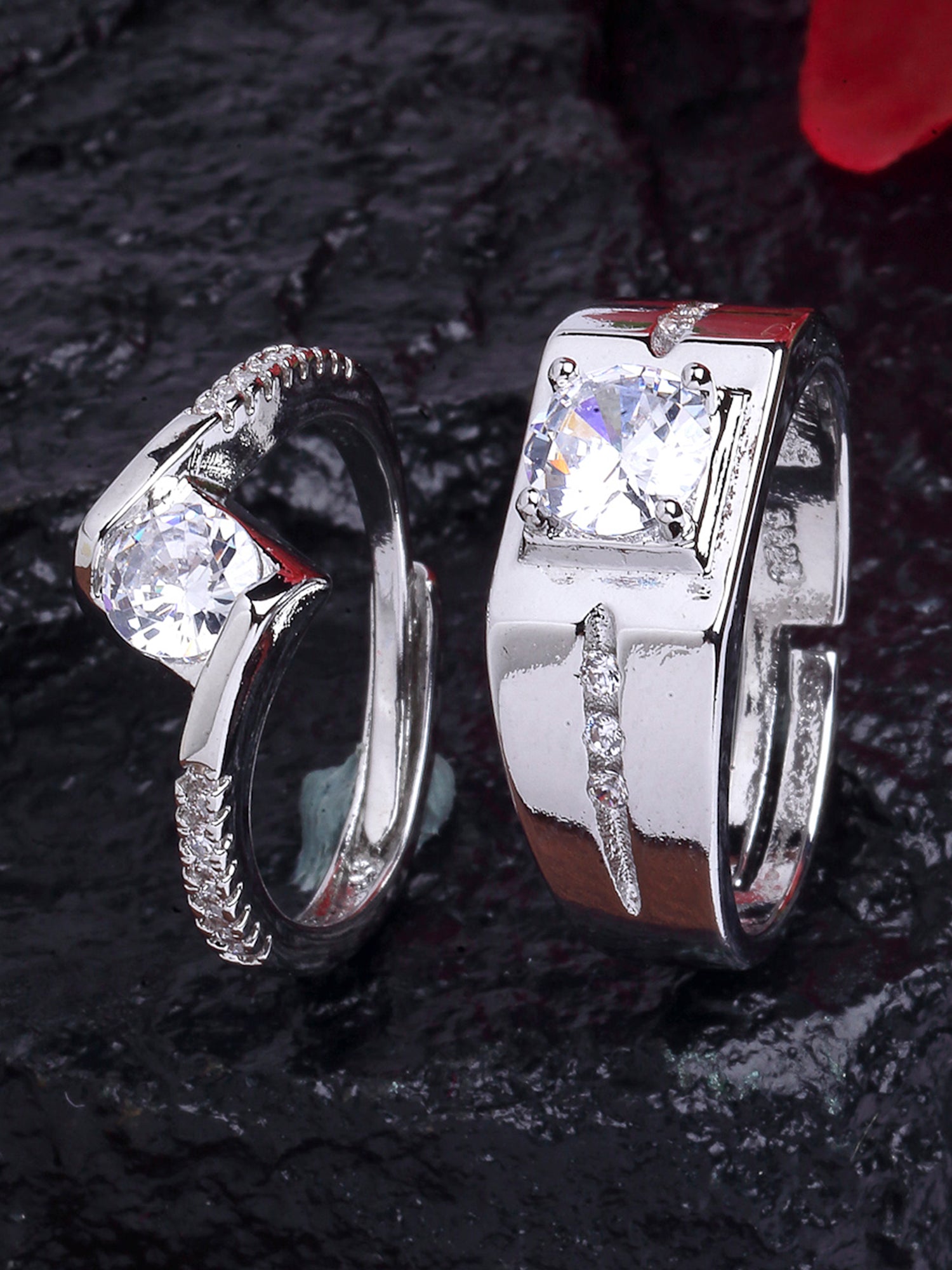 Platinum Plated Elegant Couple Adjustable Solitaire Rings