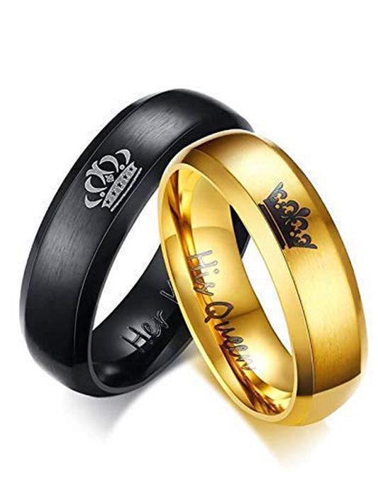 Golden Titanium Elegant King and Queen Couple Band Ring