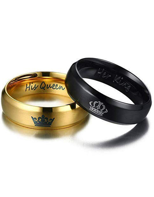 Golden Titanium Elegant King and Queen Couple Band Ring