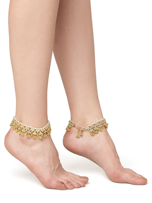 Set Of 2 Gold-Plated White Kundan-Studded Anklets