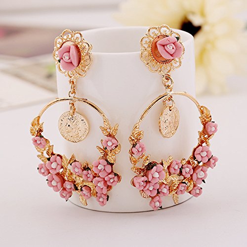 Pink Flower Shape Resin Fancy Party Wear Dangle Chandbali Earrings