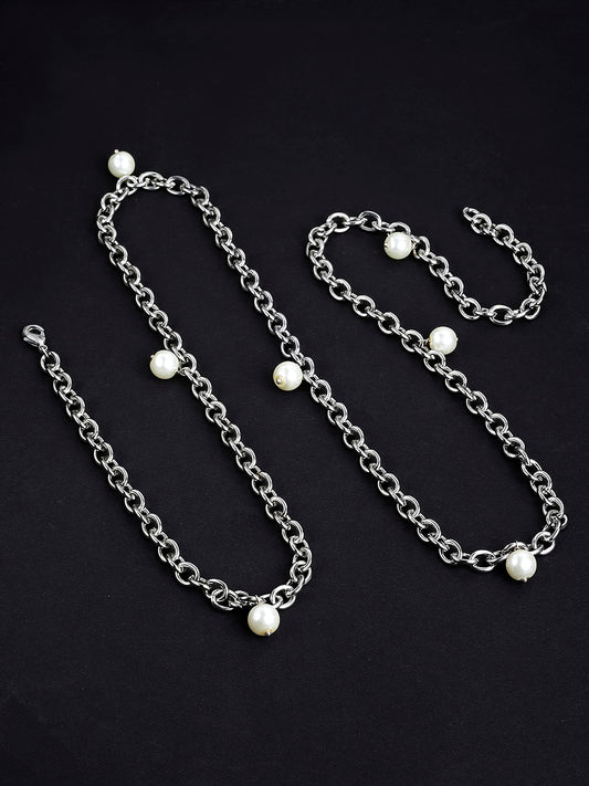 Women Silver Toned White Pearl Studded kamarbandh