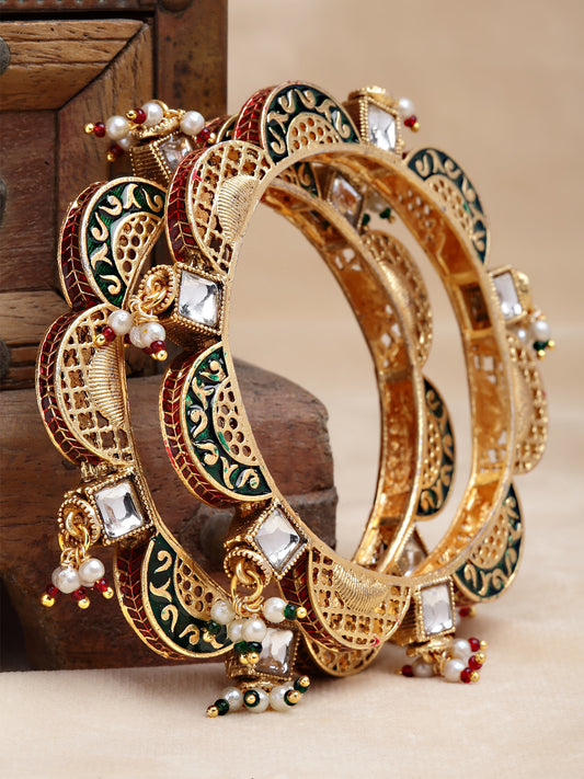 Karatcart Set of 2 Antique Gold Plated Temple Bangles for Women