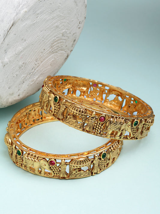 Karatcart Set of 2 Antique Gold Plated Rajwadi Temple Bangles for Women