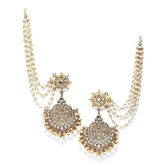 Karatcart Gold Plated Pearl Beaded Kundan Kaanchain Earrings for Women