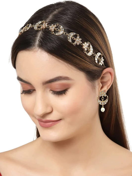 Karatcart Gold Plated Moon and Flower Shaped Kundan Hairband with Earring Combo for Women