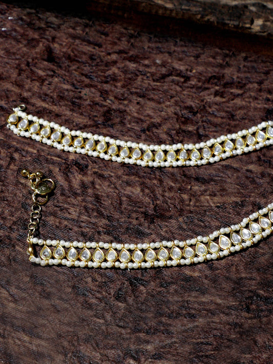 Gold Plated White Kundan-Studded Beaded Anklets