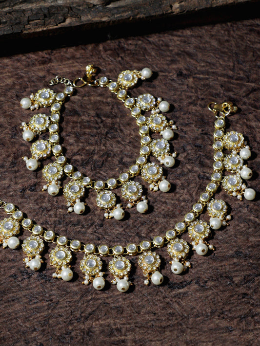 Gold-Plated Kundan & Pearls Studded Handcrafted Anklets