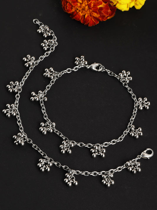 Tassel Ball Studded Handcrafted Oxidised Silver Anklets