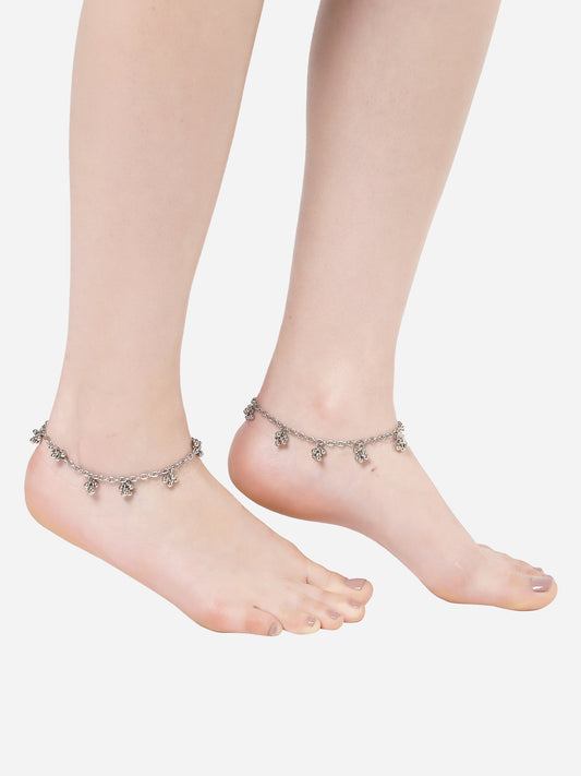 Tassel Ball Studded Handcrafted Oxidised Silver Anklets