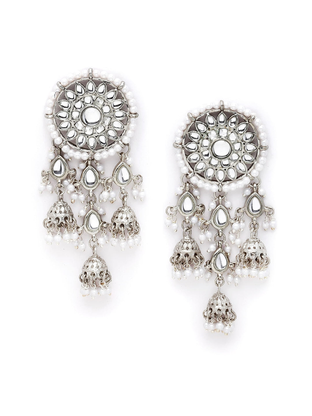 Silver-Toned Floral Jhumkas Earrings