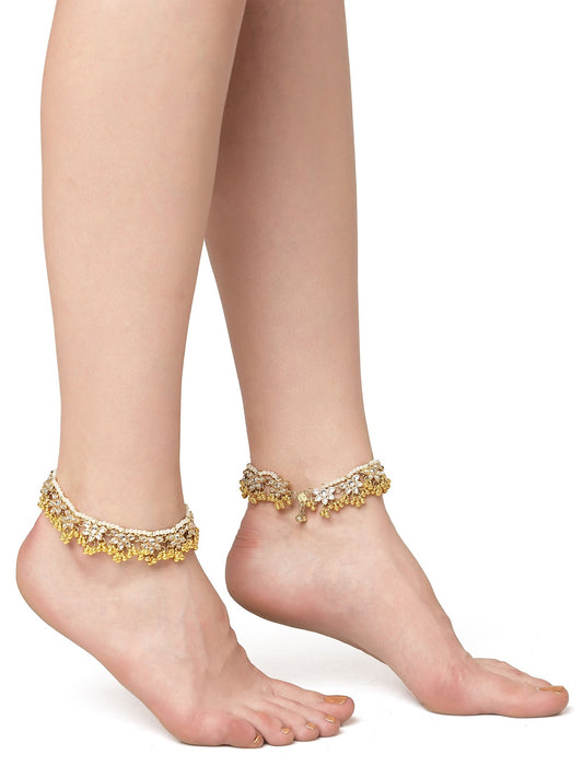 Set Of 2 Gold-Plated White Kundan-Studded Anklets