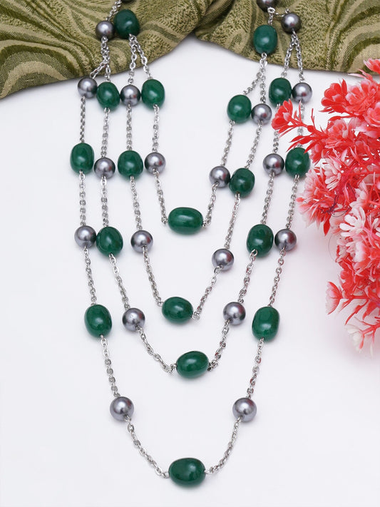 Women Green & Silver-Toned Handcrafted Layered Necklace Ranihaar