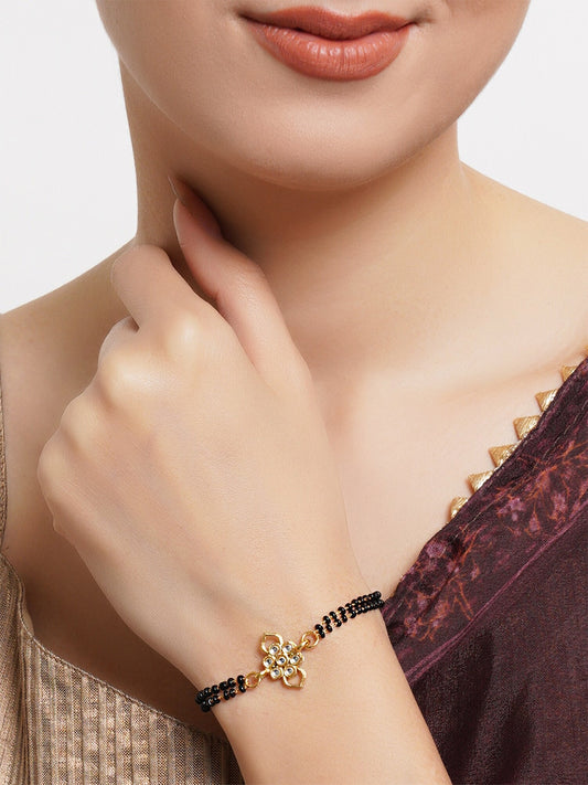 Women Gold Plated Black Kundan Gold-Plated Charm Mangalsutra Bracelet