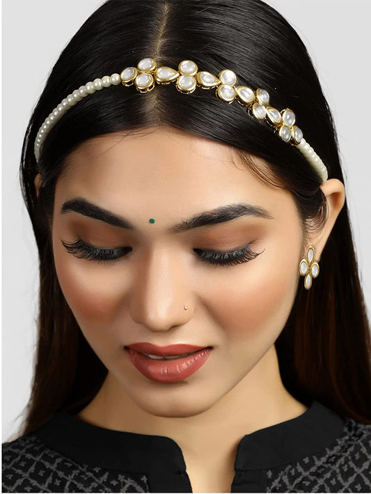 Karatcart Gold Plated Pearl and Kundan Studded Hairband with Earring Combo for Women