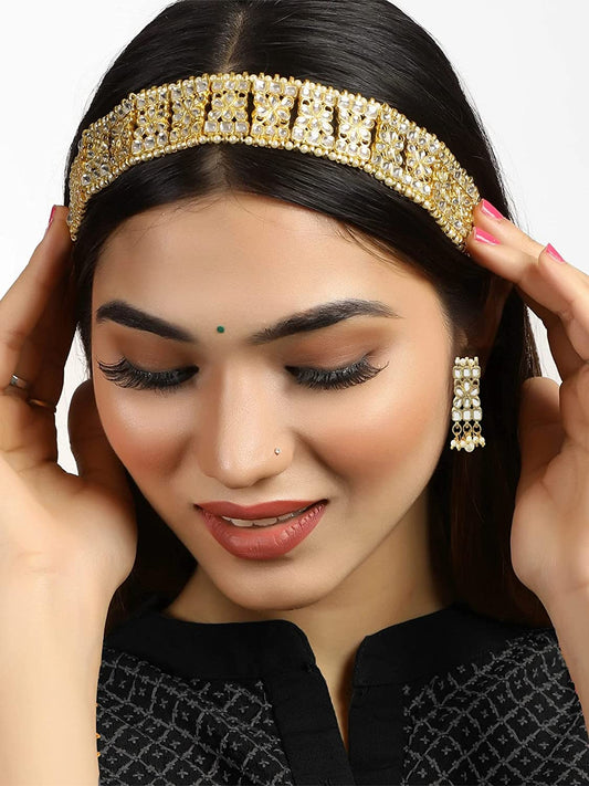 Karatcart Traditional Gold Plated Kundan Hairband with Earring Combo for Women