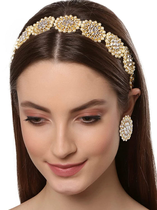 Karatcart Floral Shape Kundan Studded Hairband with Earring Combo for Women