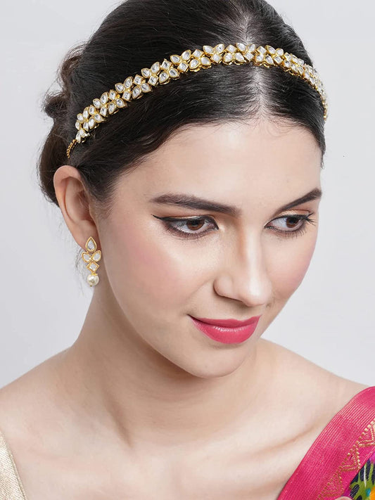 Karatcart Gold Plated Embellished Kundan Link Hairband with Earring Combo for Women