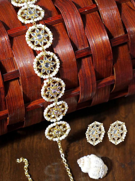 Karatcart Gold-Plated White Kundan-Studded Handcrafted Hairband with Earring Combo for Women