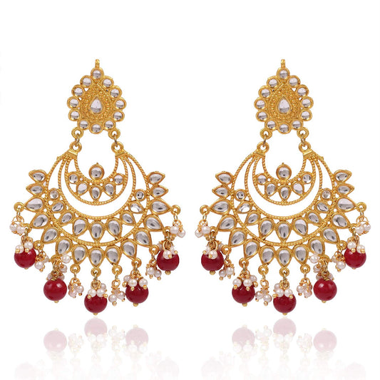 Karatcart Red Beads and Kundan Chandbali Earrings
