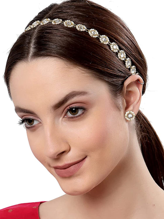 Karatcart Gold-Plated Pearl and Kundan Studded Beaded Hairband with Earring for Women