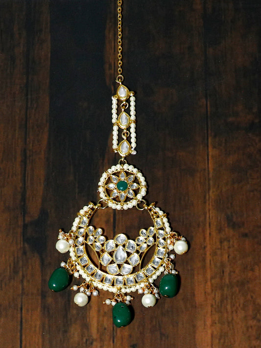 Gold Plated Green and Pearl Beads Kundan Maangtikka
