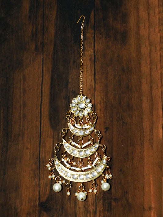 Gold Plated Pearl Beads Kundan Maangtikka
