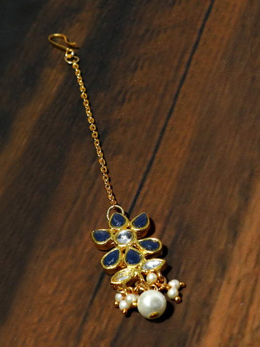 Gold Plated Pearl Bead Navy Blue Kundan Maangtikka