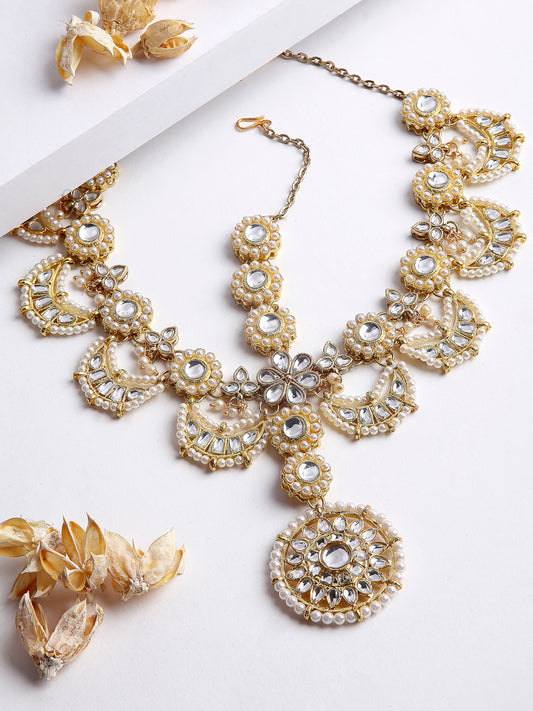 Gold Plated Handcrafted Floral Shaped Kundan and Pearl Studded Sheeshphool