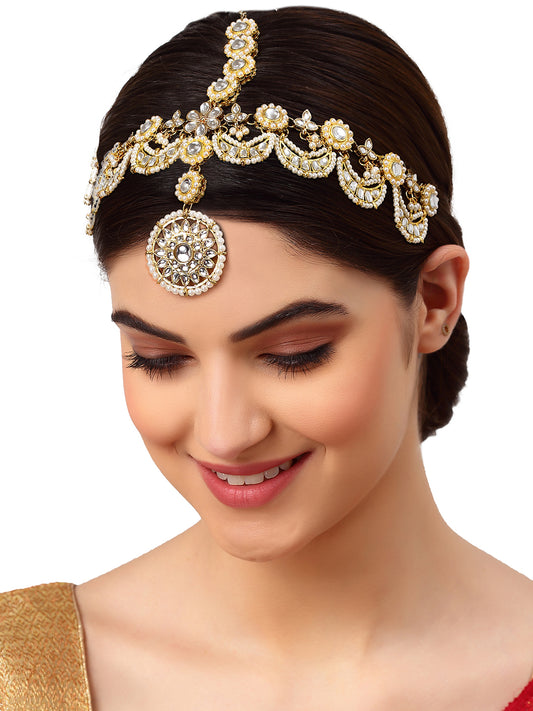 Gold Plated Handcrafted Floral Shaped Kundan and Pearl Studded Sheeshphool