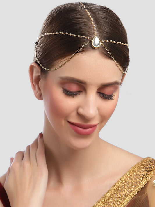 Karatcart Gold Plated Drop Shape Pearl Chain Mathapatti for Women