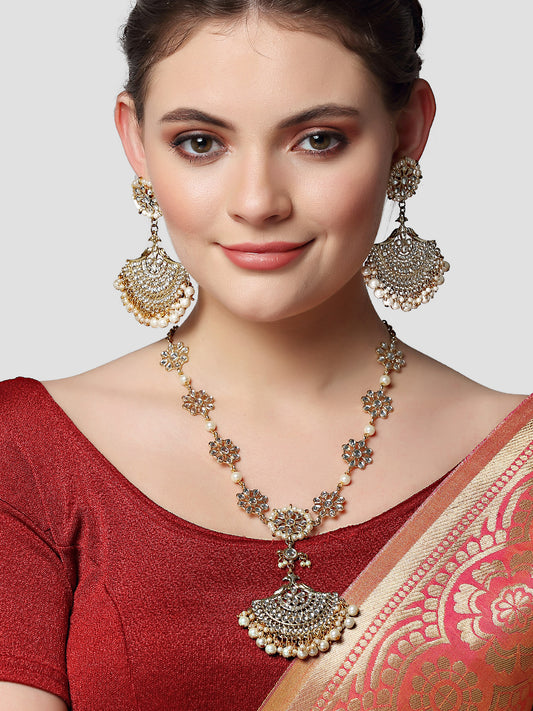 Karatcart Gold Plated Floral Kundan Sheeshphool with Chnadbali Earrings for Women