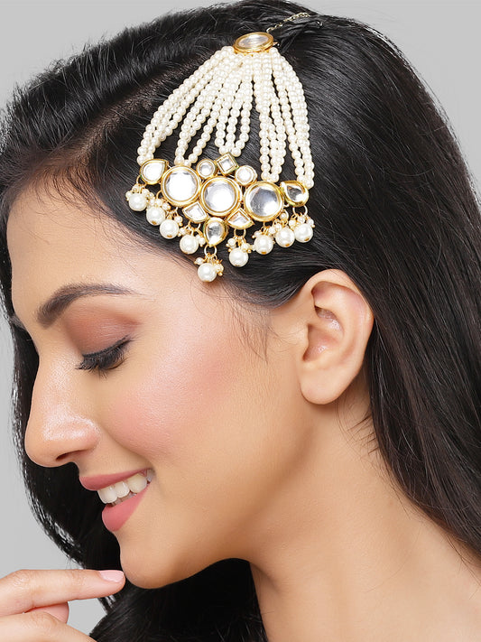 Karatcart Gold Plated Pearl Beads Studded Polki Kundan Passa for Women