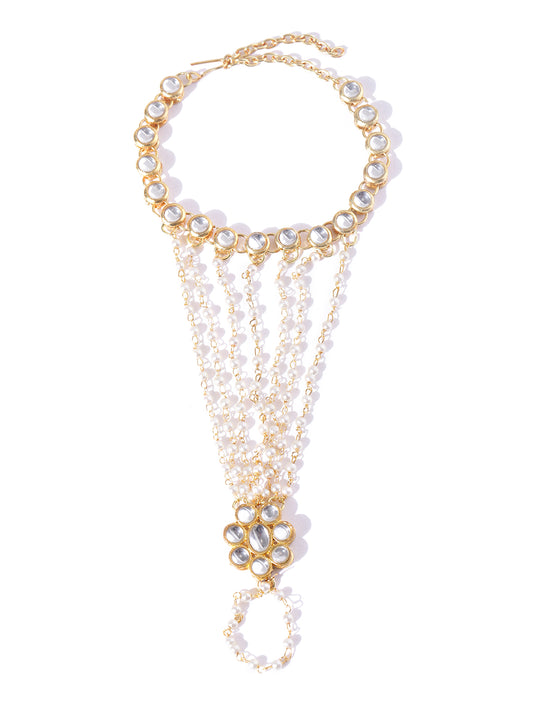 Gold-Plated Kundan Pearl Chain Hathphool