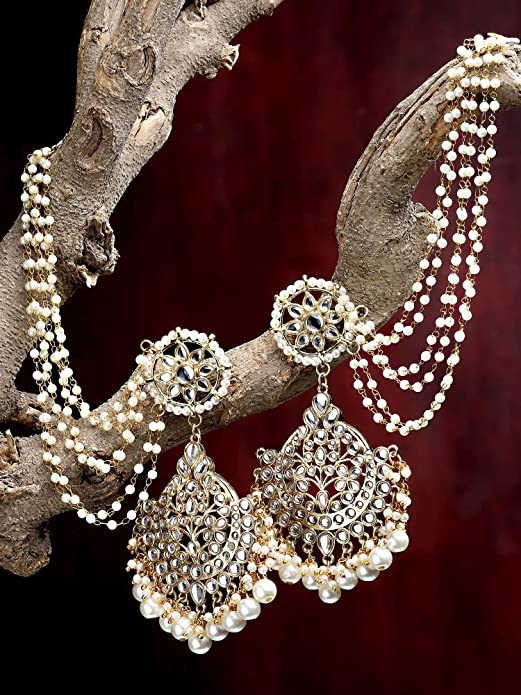 Karatcart Gold Plated Pearl Beaded Kundan Kaanchain Earrings for Women
