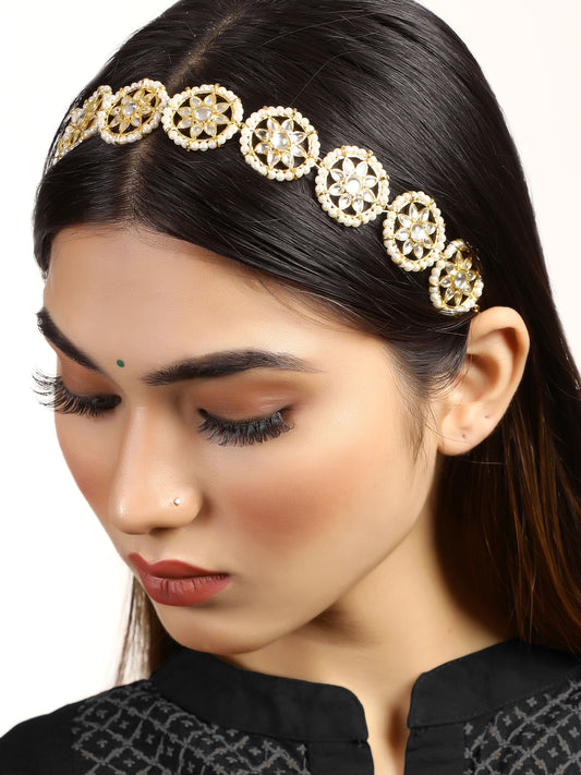 Gold-Plated White Kundan-Studded Handcrafted Hairband