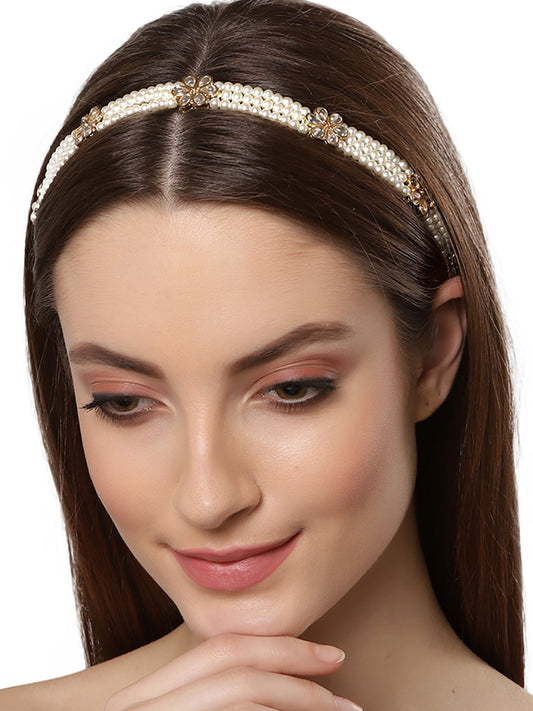 Pearl Embedded Gold Plated Beaded Kundan Hairband