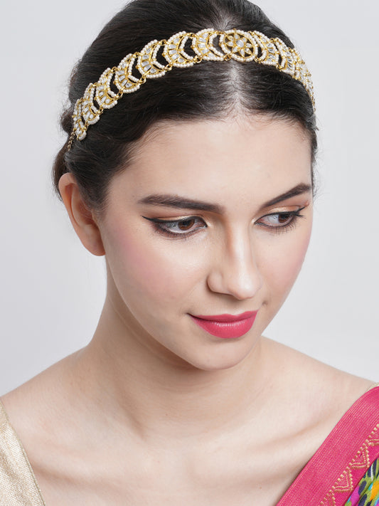 Gold Plated Handcrafted Floral Beaded Kundan Hairband